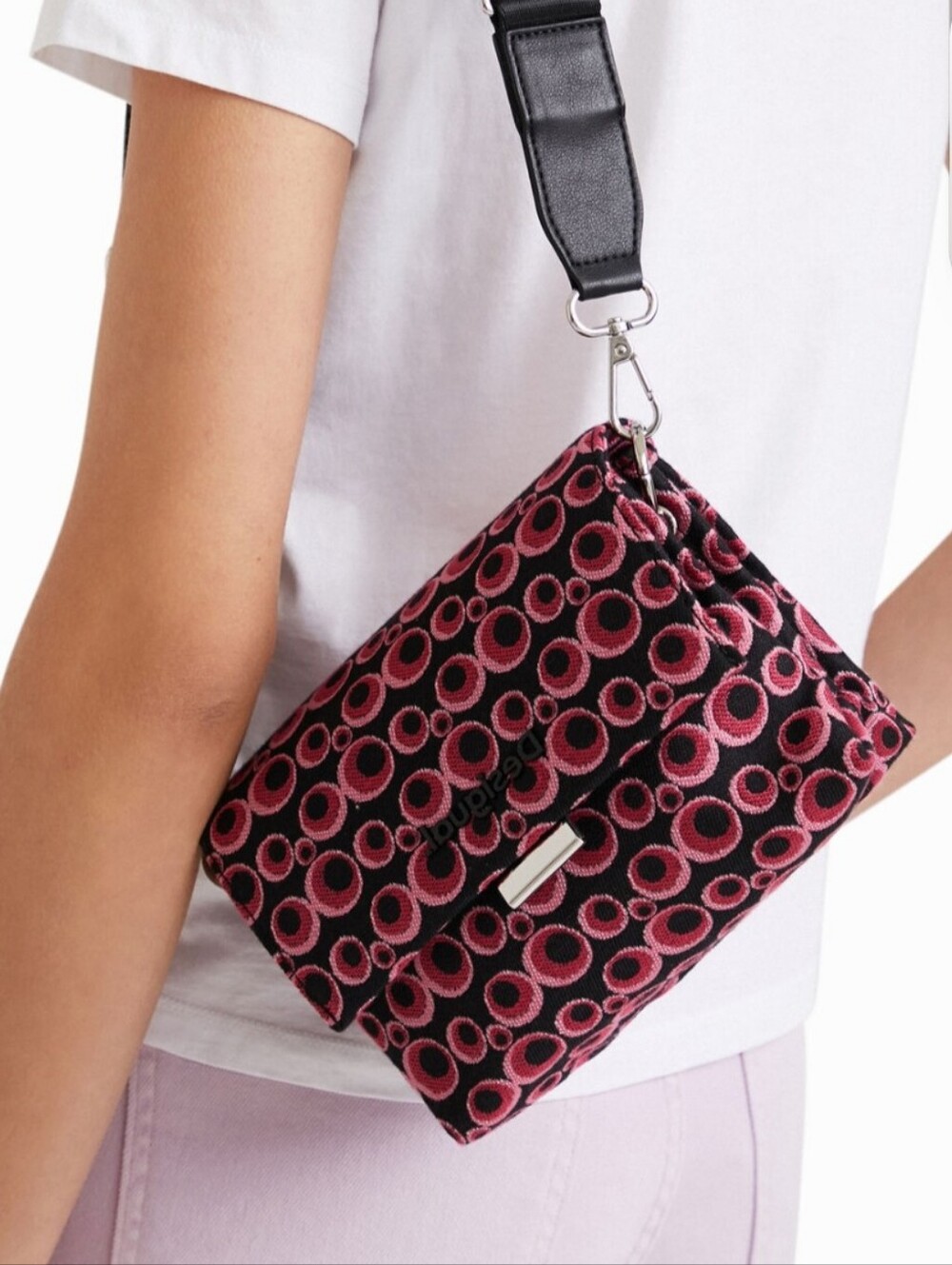 Desigual Circle Jacquard Sling Bag Kromatic Rodas Crossbody Pink Black